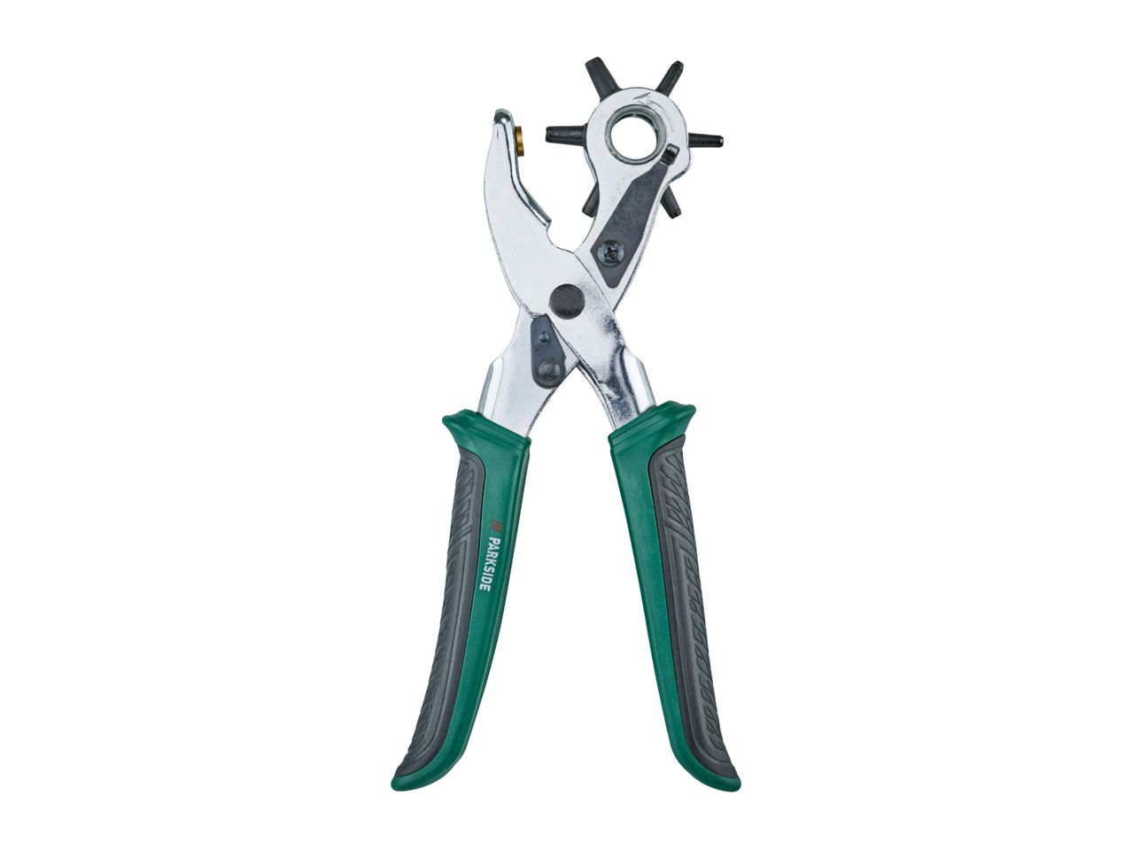 A silver and green leather hole punch tool with a rotating head for different hole sizes.