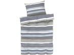 Grey and blue striped bedding set.
