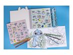 Stitch-themed stationery set with a spiral notebook, sticker sheets, coloring pages, and colored pencils.