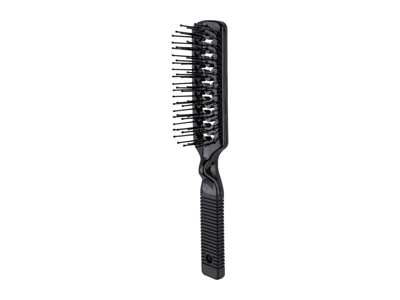 Black hairbrush with a rectangular head and a textured handle