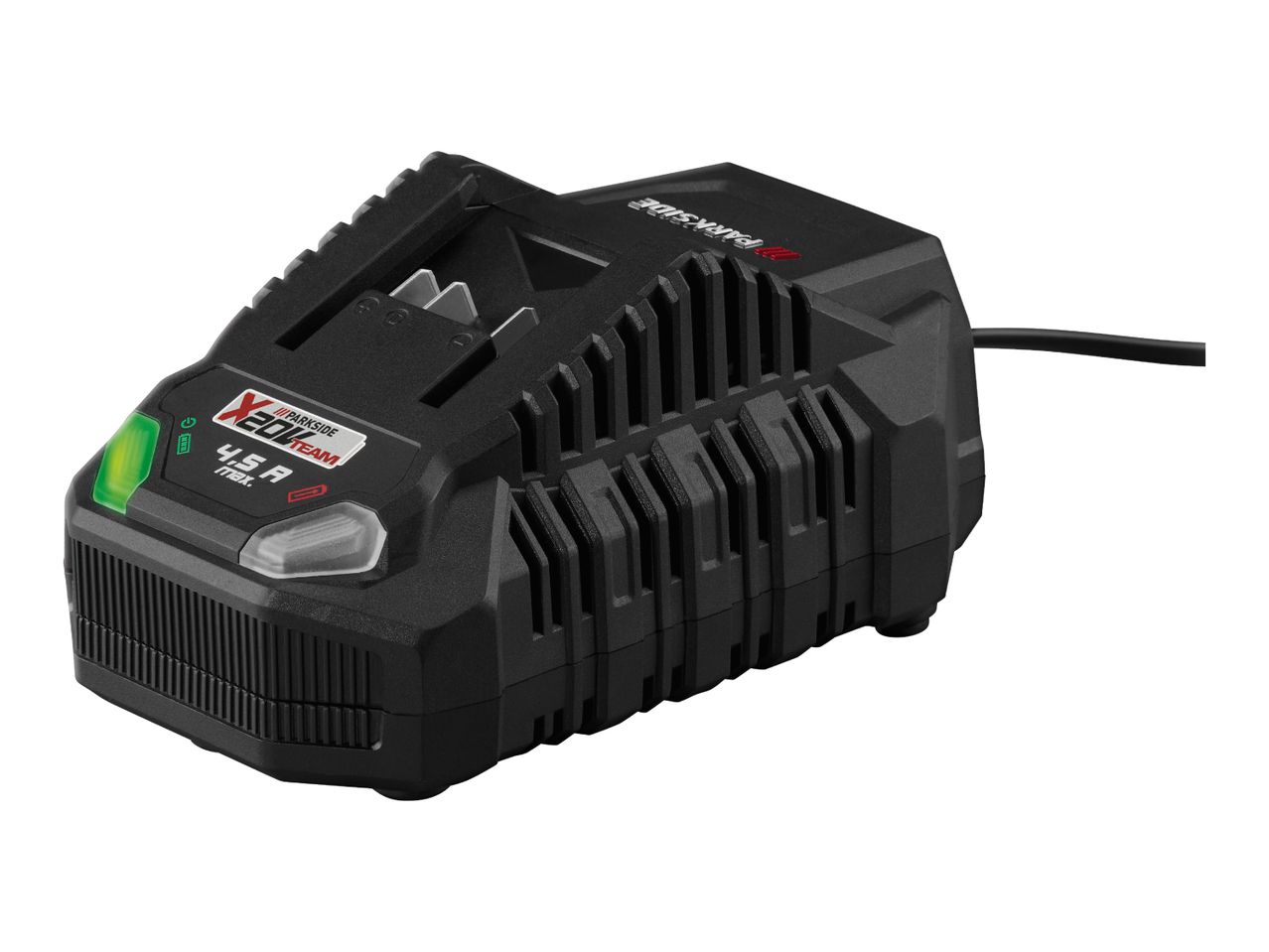 A black power tool battery charger with a green indicator light and a power cord.