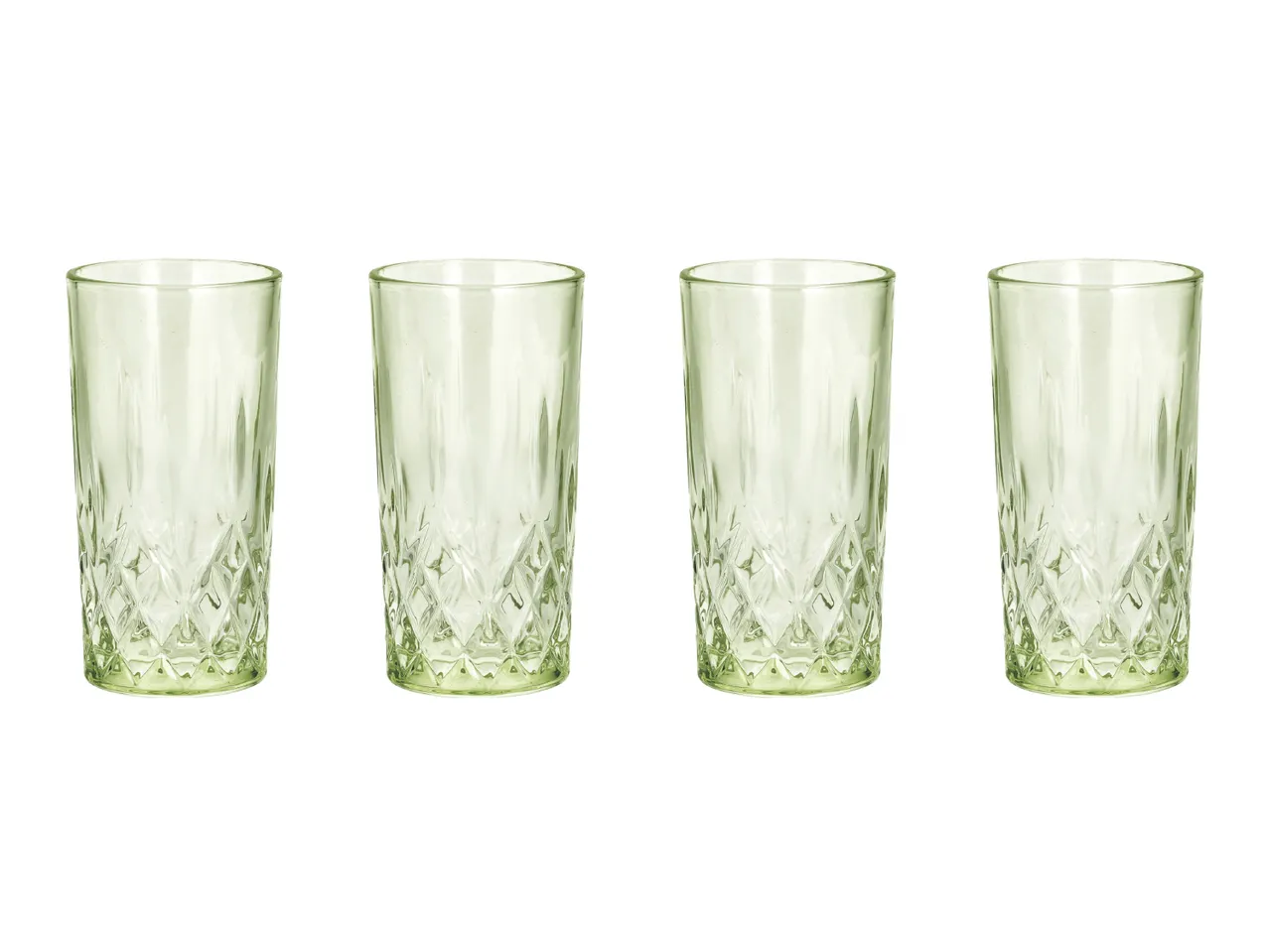 Four green patterned drinking glasses arranged in a row.