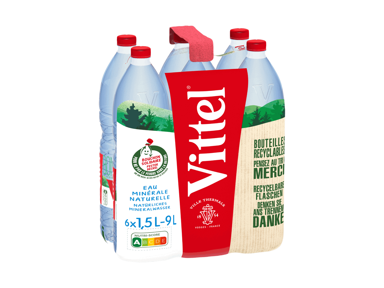 Packung mit 6 Flaschen natürlichem Mineralwasser à 1,5L, mit festem Deckel und Nutri-Score A.
