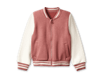 Baseballjacke in Rosa und Creme mit Streifen an Kragen, Ärmelbündchen und Saum.