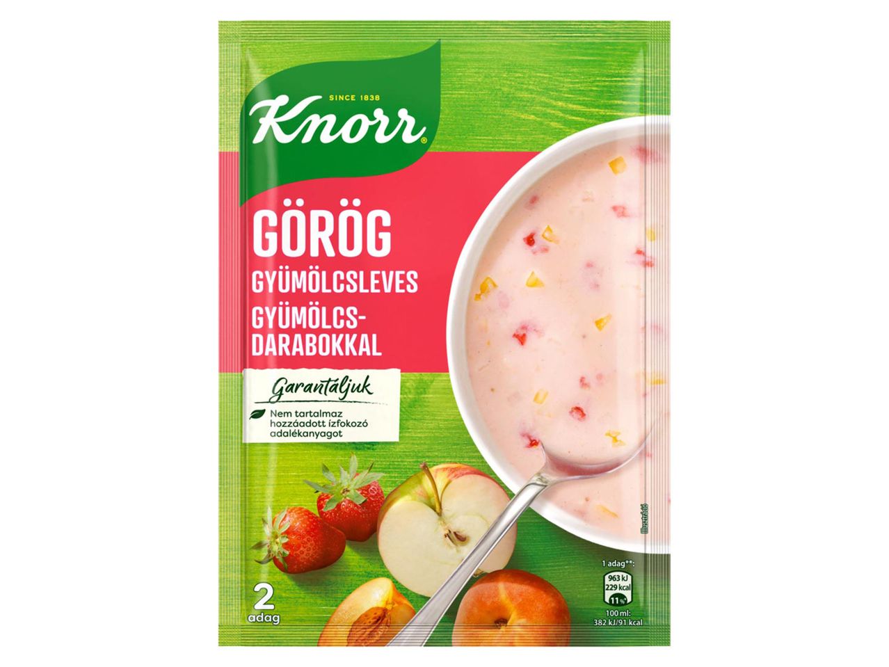 Knorr görög gyümölcsleves gyümölcsdarabokkal, eperrel, almával és őszibarackkal.