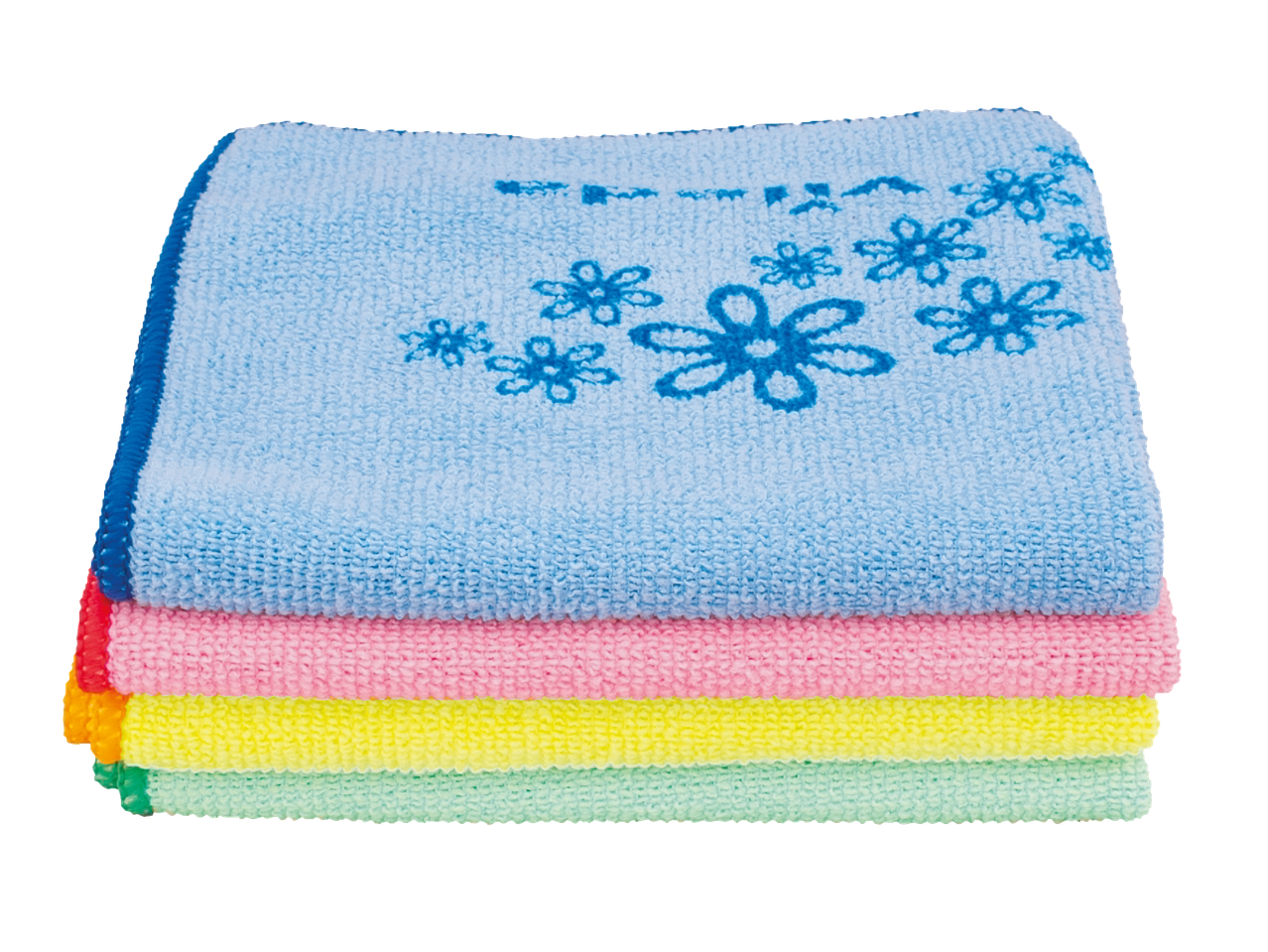 Stacked pastel microfiber cleaning cloths.