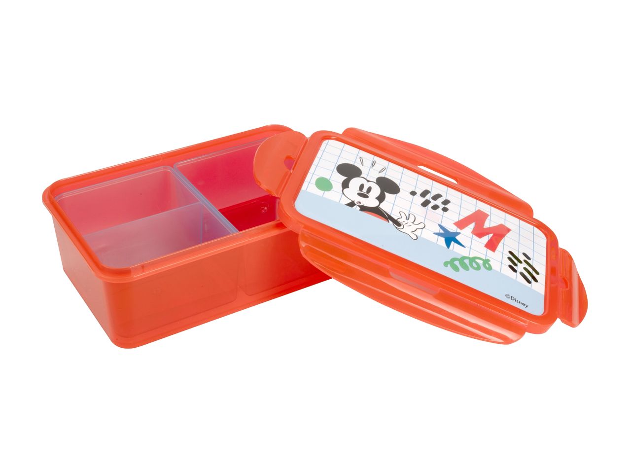 Red lunchbox with a cartoon character and letter 'M' on the lid, featuring internal compartments.