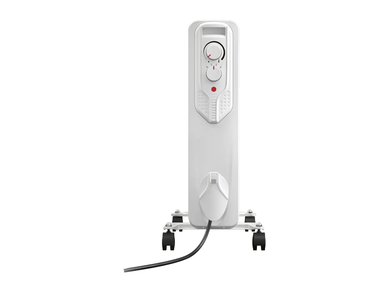 White oil-filled radiator with control dials and wheels, front view
