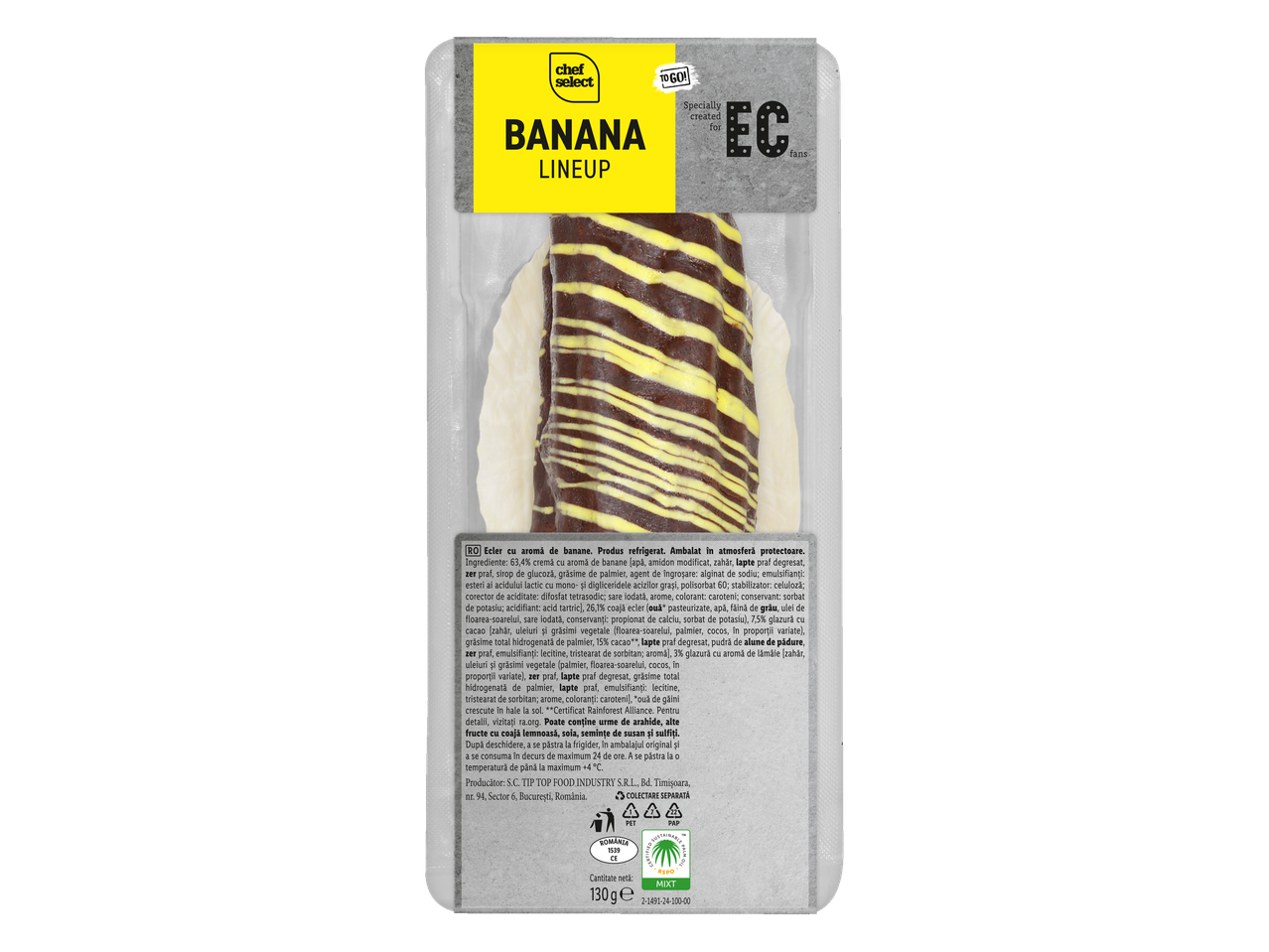 Ecler cu aromă de banane Chef Select, ambalat, cu glazură maro și dungi galbene.