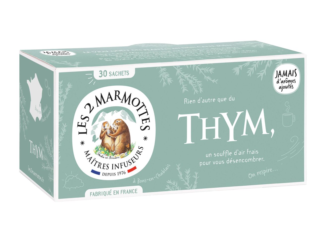 Boîte de 30 sachets de thé au thym Les 2 Marmottes, maîtres infuseurs.