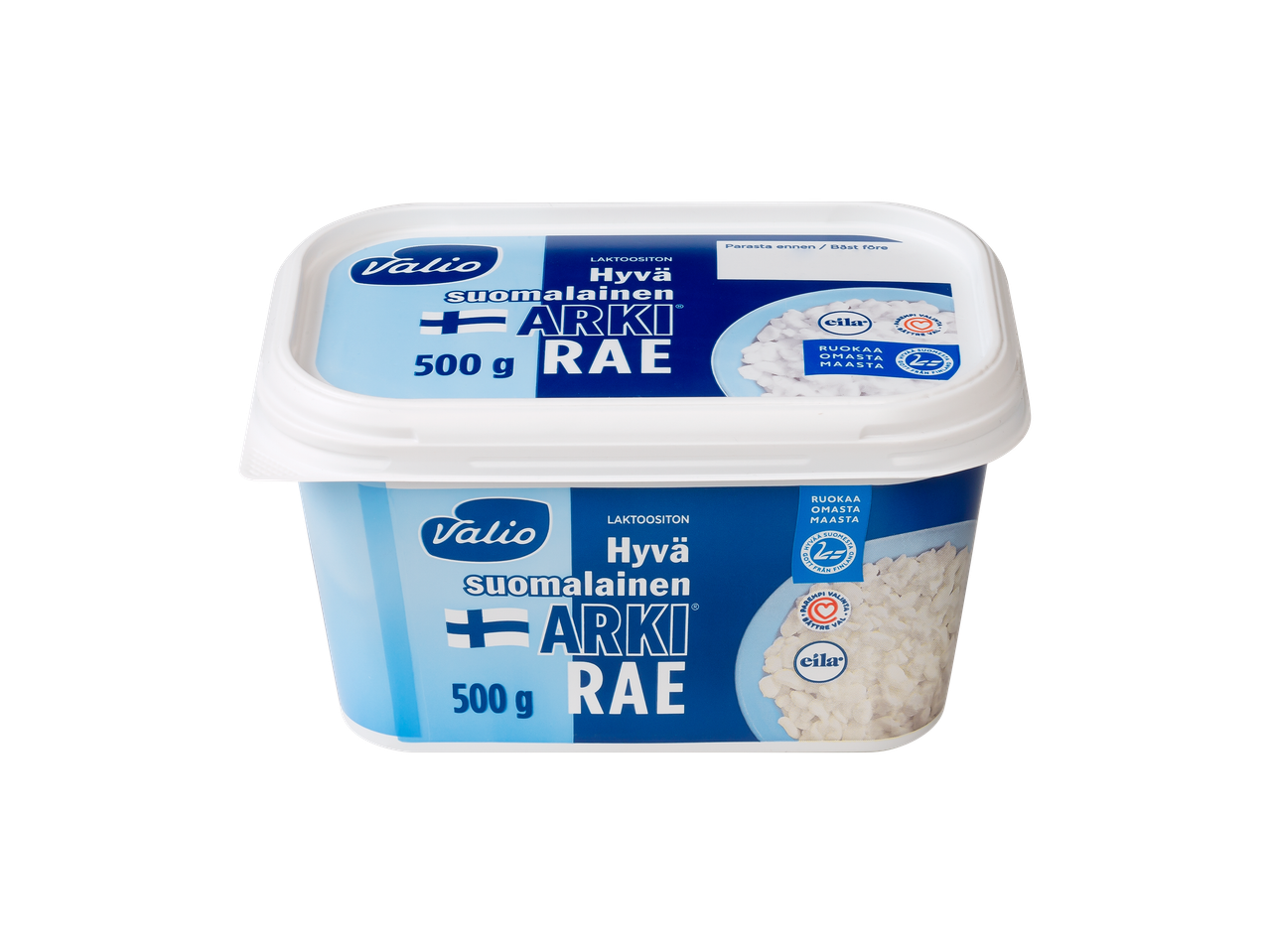 Laktoositon raejuusto, 500 g, jossa on suomalainen lippu ja teksti 'Hyvää suomalaista arki rae'.