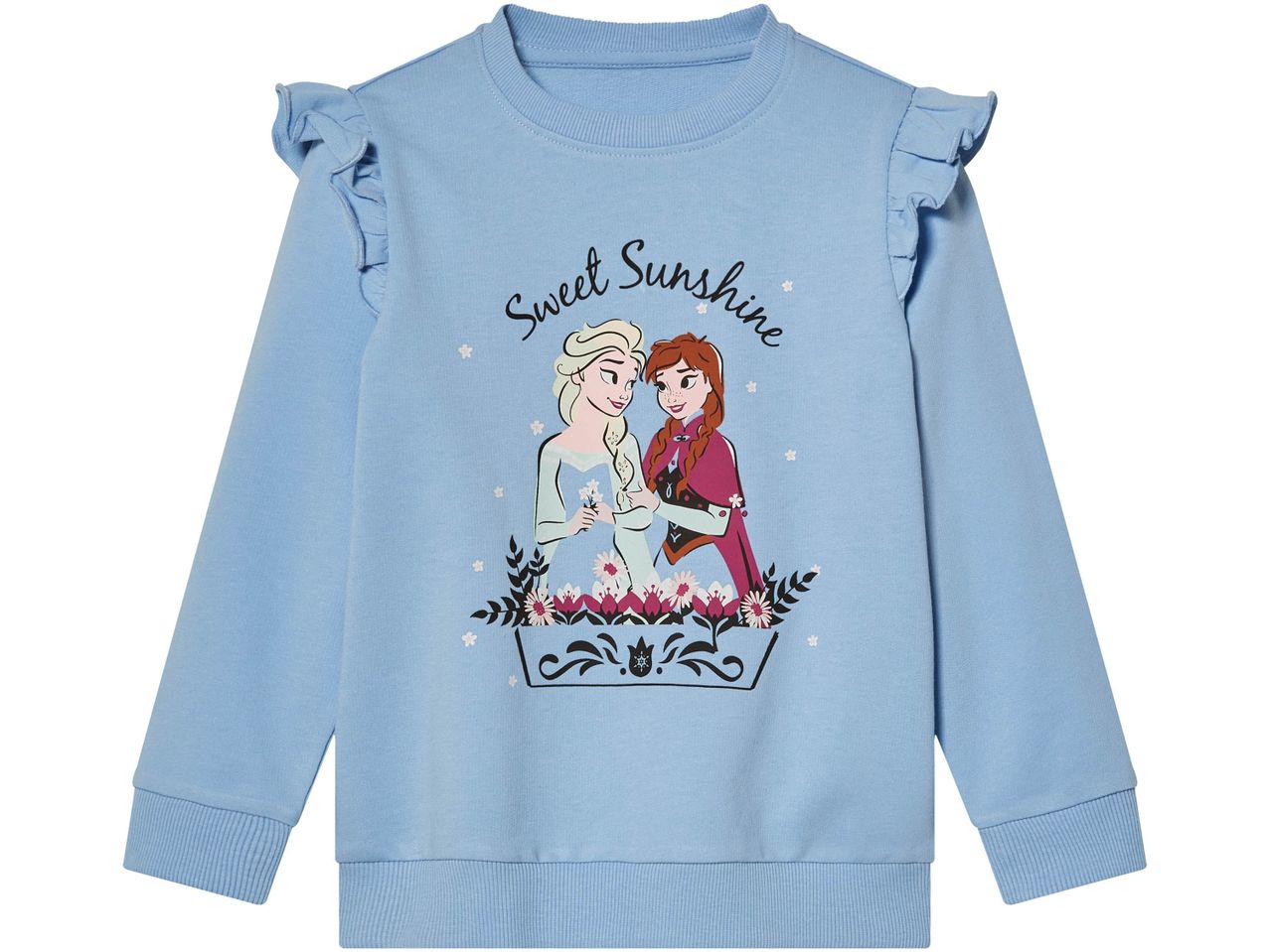 Light blue long-sleeved sweatshirt with ruffled shoulders and a graphic of Elsa and Anna from Frozen.