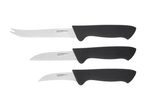 Three Livarno Home stainless steel knives with black handles, including a steak knife, a utility knife, and a paring knife.