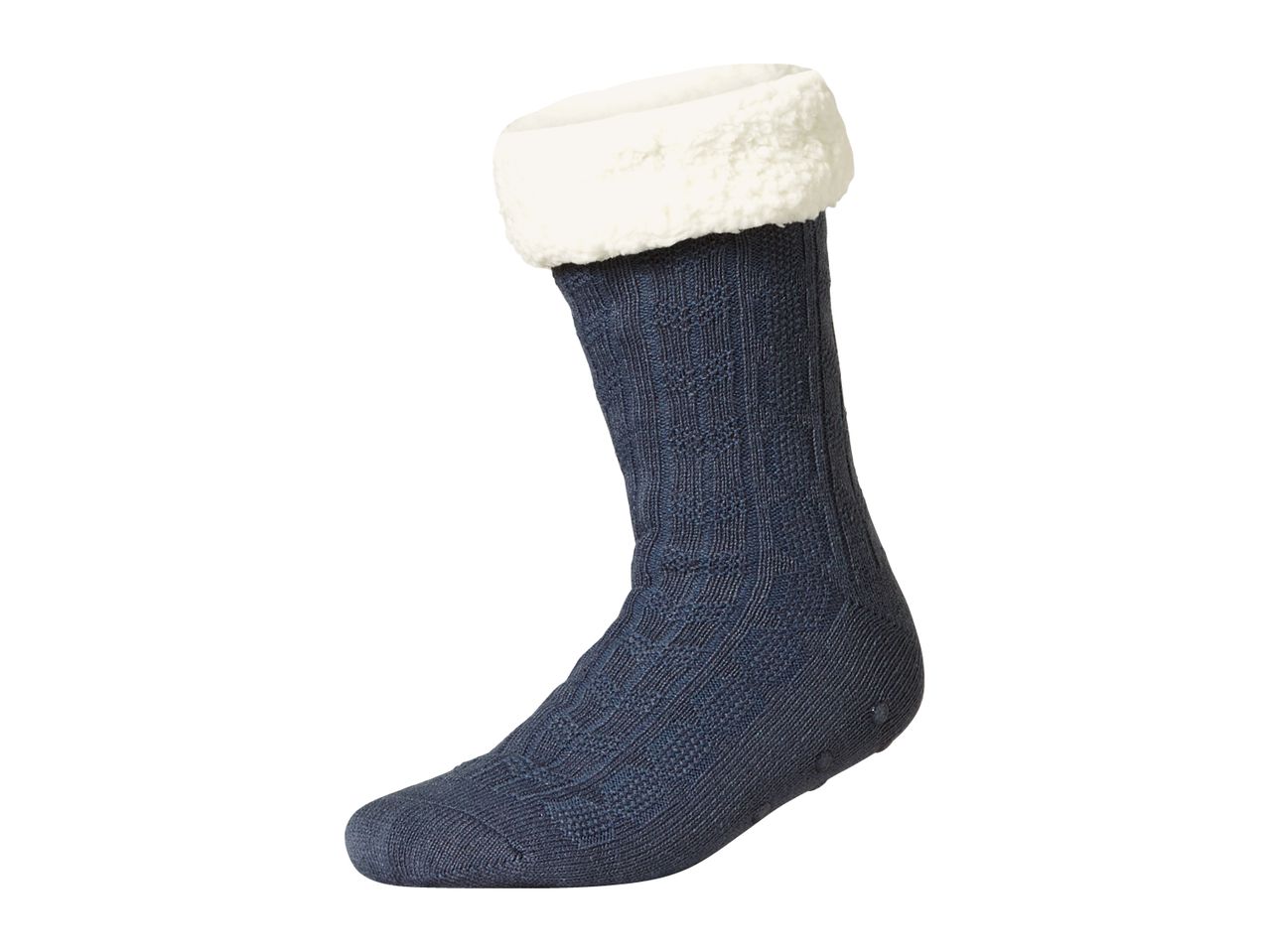 A single navy blue slipper sock with a white fluffy cuff
