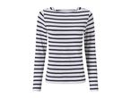 White and navy blue striped long-sleeve boat neck top