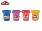 Play-Doh logo and four containers of Play-Doh in blue, purple, red, and gold.