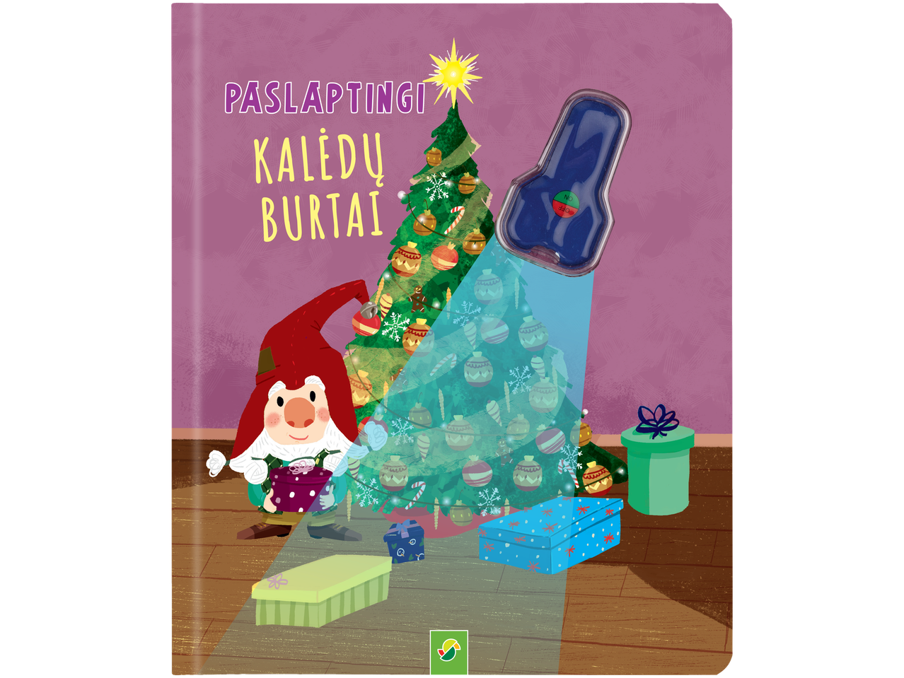 Knyga su žibintuvėliu: nykštukas šviečia į Kalėdų eglutę, atskleisdamas paslėptus papuošimus.