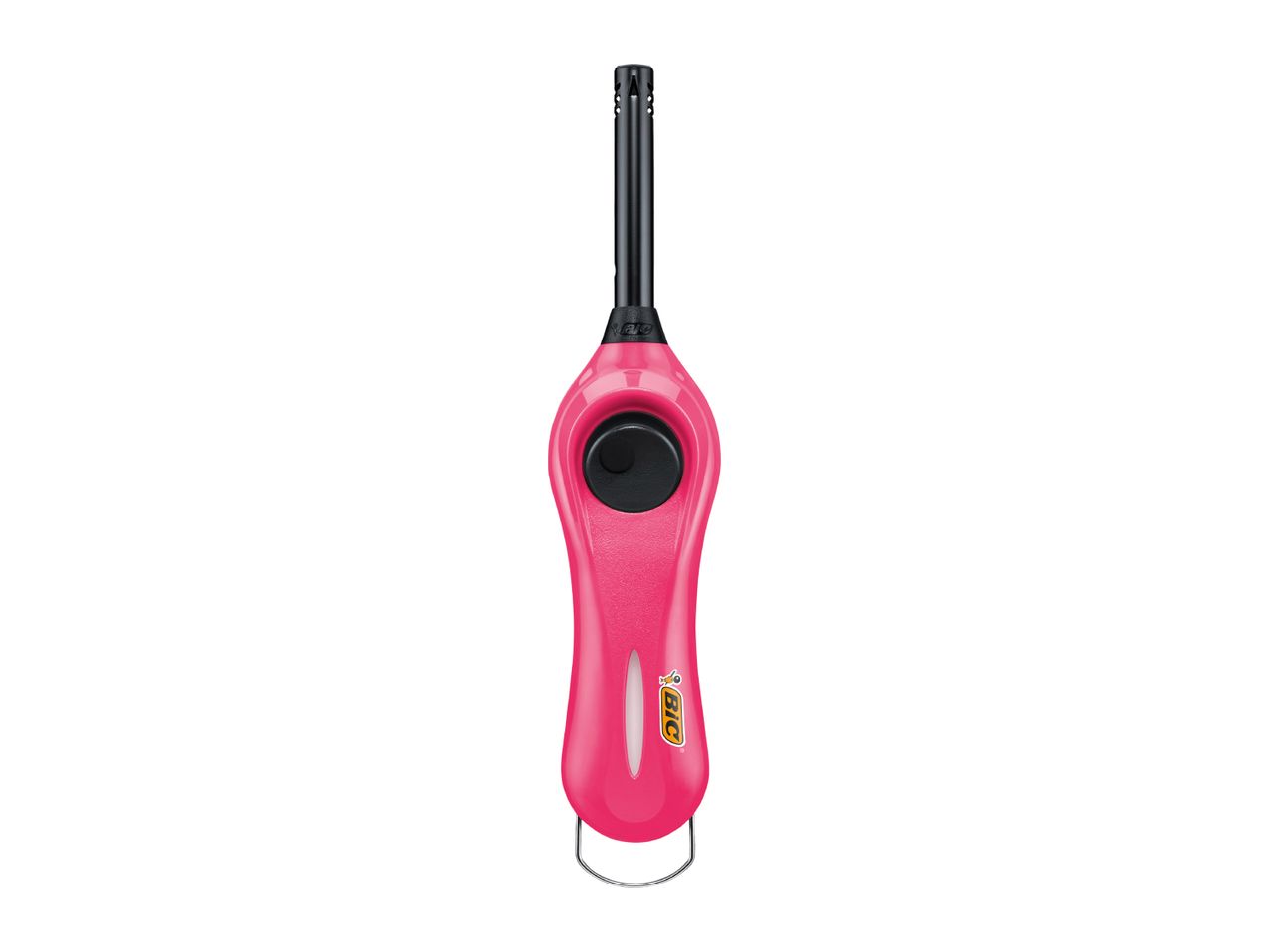 Pink utility lighter with a black igniter button and a long black nozzle.