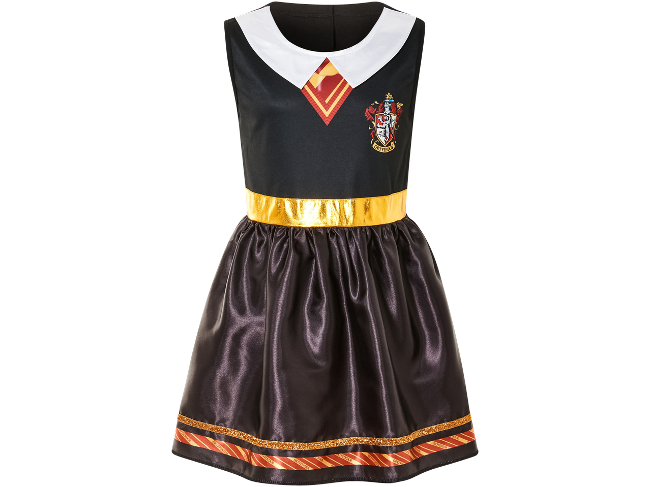 Black Gryffindor dress with a white collar, gold belt, and striped hem.