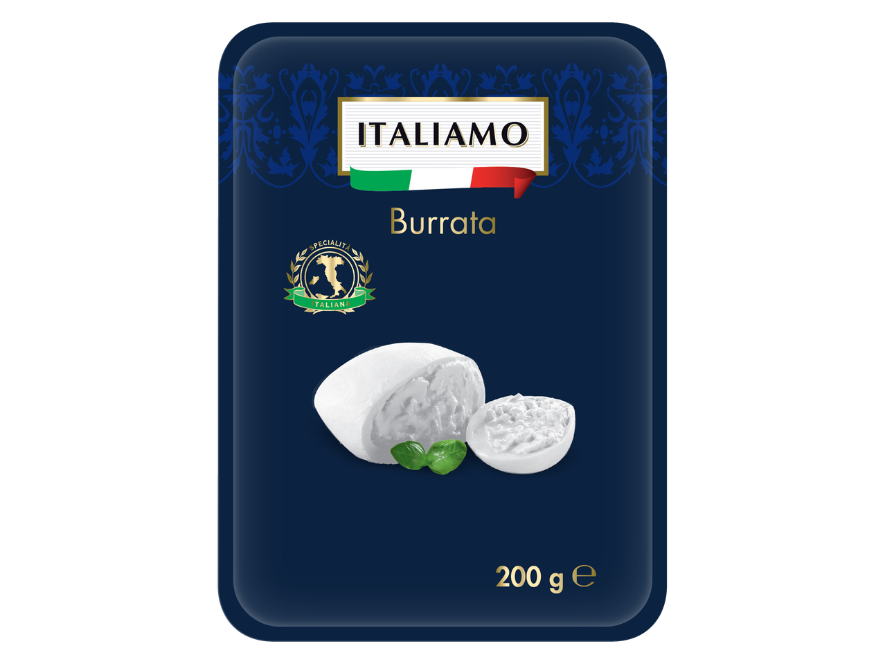 Italiamo Burrata cheese packaging with whole and cut burrata, and basil leaves.