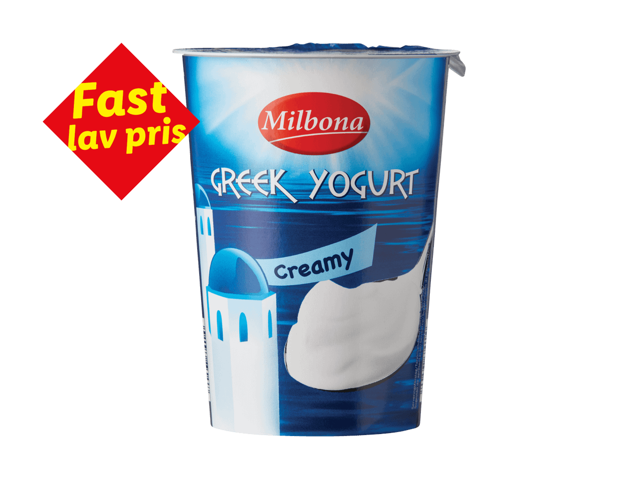 Græsk yoghurt med teksten 'Fast lav pris' på en rød diamantformet etiket.