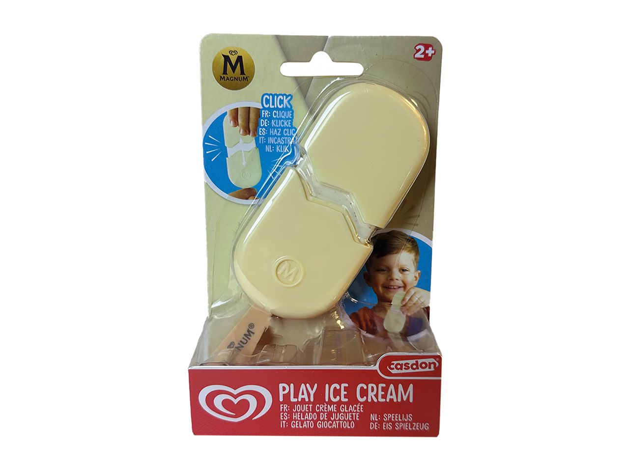 Toy ice cream bar with a clickable feature, packaged for children aged 2+