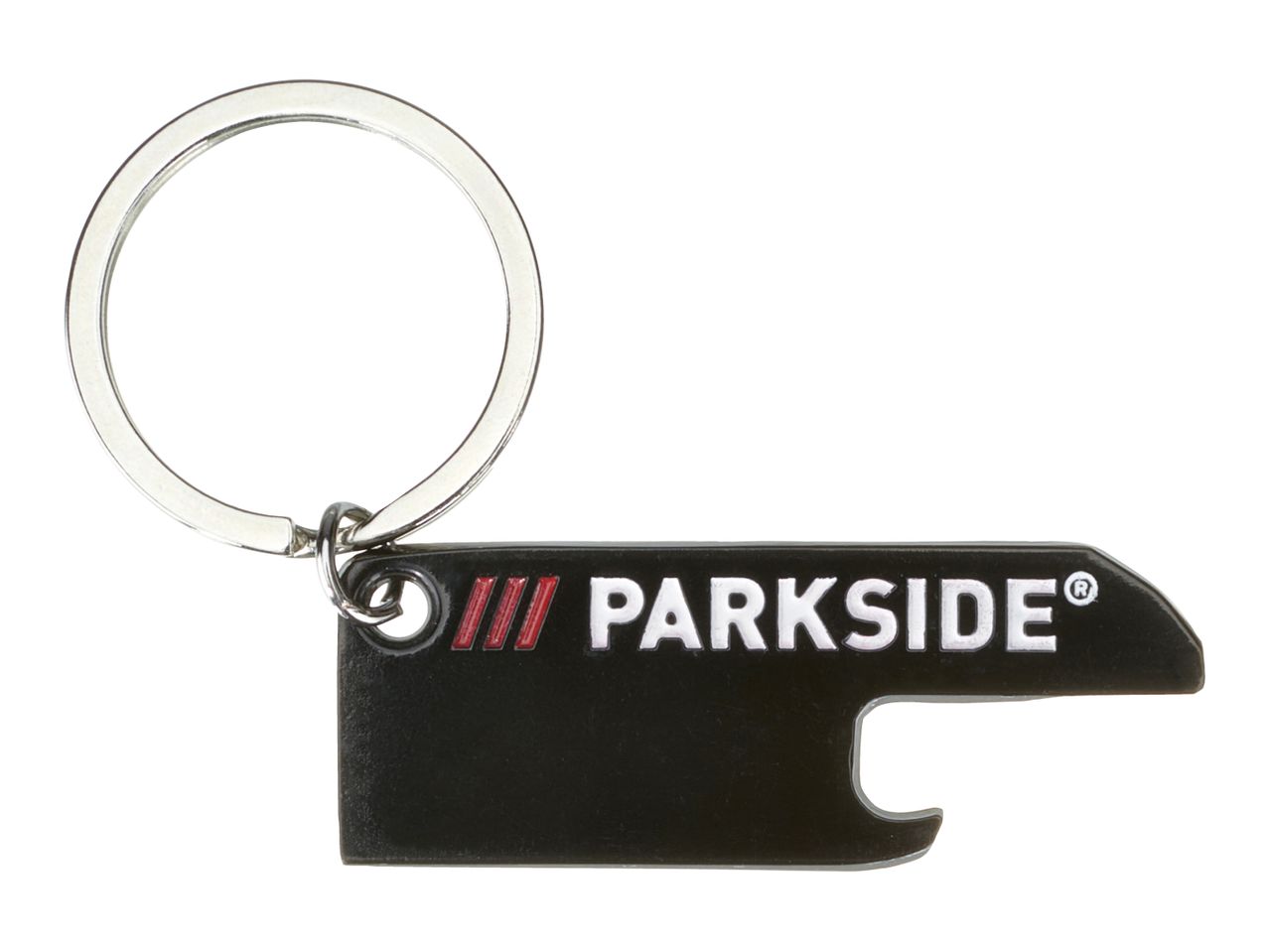 Black Parkside keychain with a bottle opener and a silver key ring.