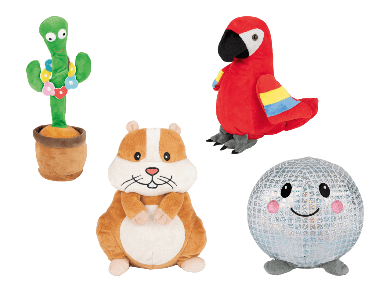 Neljä pehmolelua: kaktus, papukaija, hamsteri ja diskopallo.