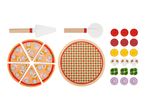 Wooden toy pizza set with slices, toppings, pizza board, server, and cutter.