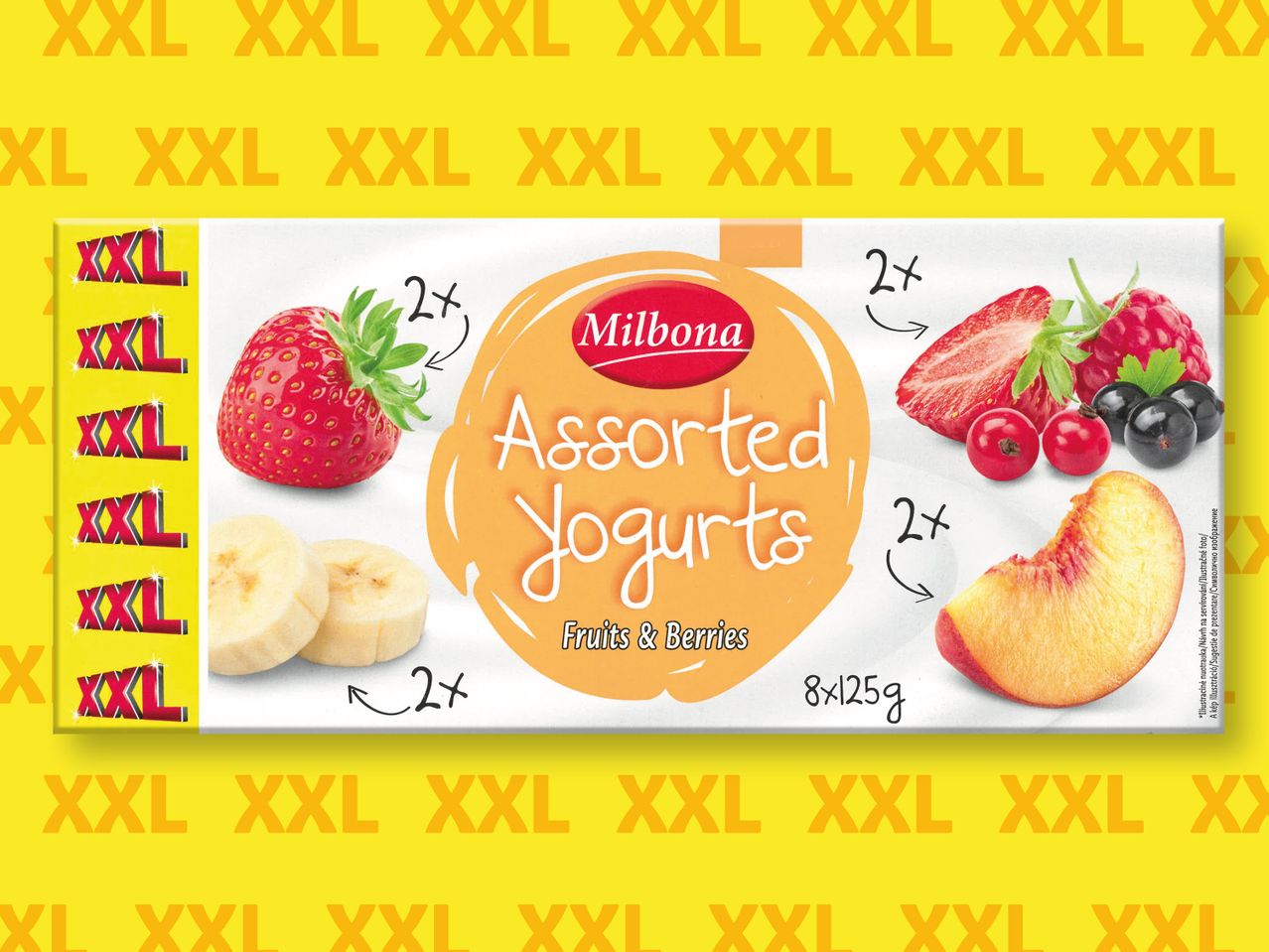 Опаковката на Milbona XXL асортирани кисели млека с плодове и горски плодове.