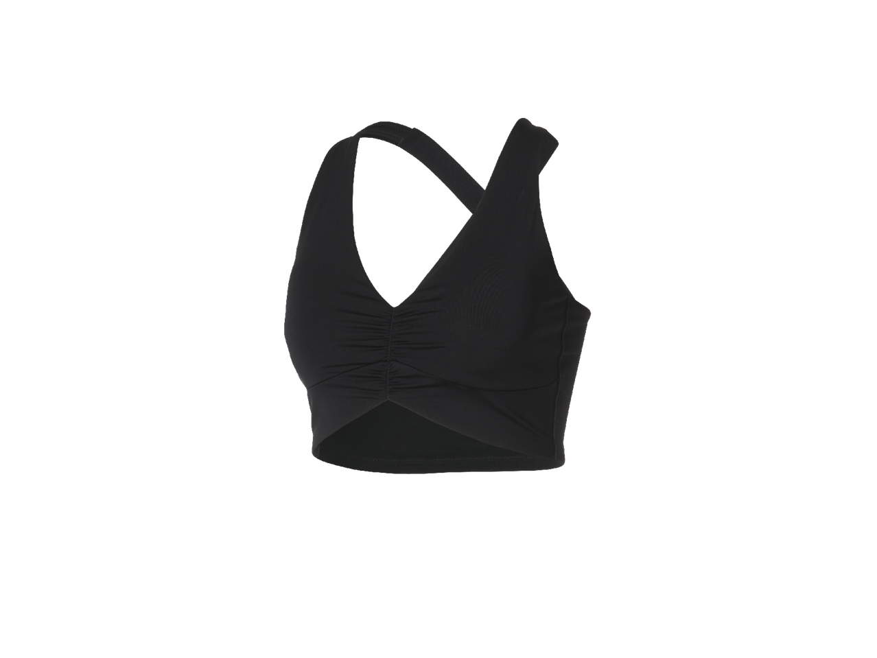 Черен спортен сутиен с V-образно деколте и набрана предна част.