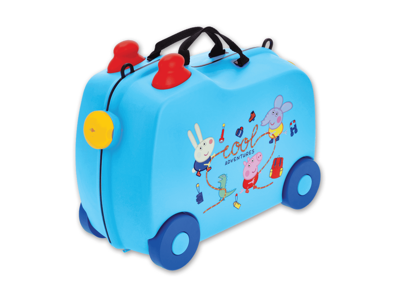 Blauer Kinderkoffer mit Peppa Wutz und Freunden, Aufschrift „Cool Adventures“