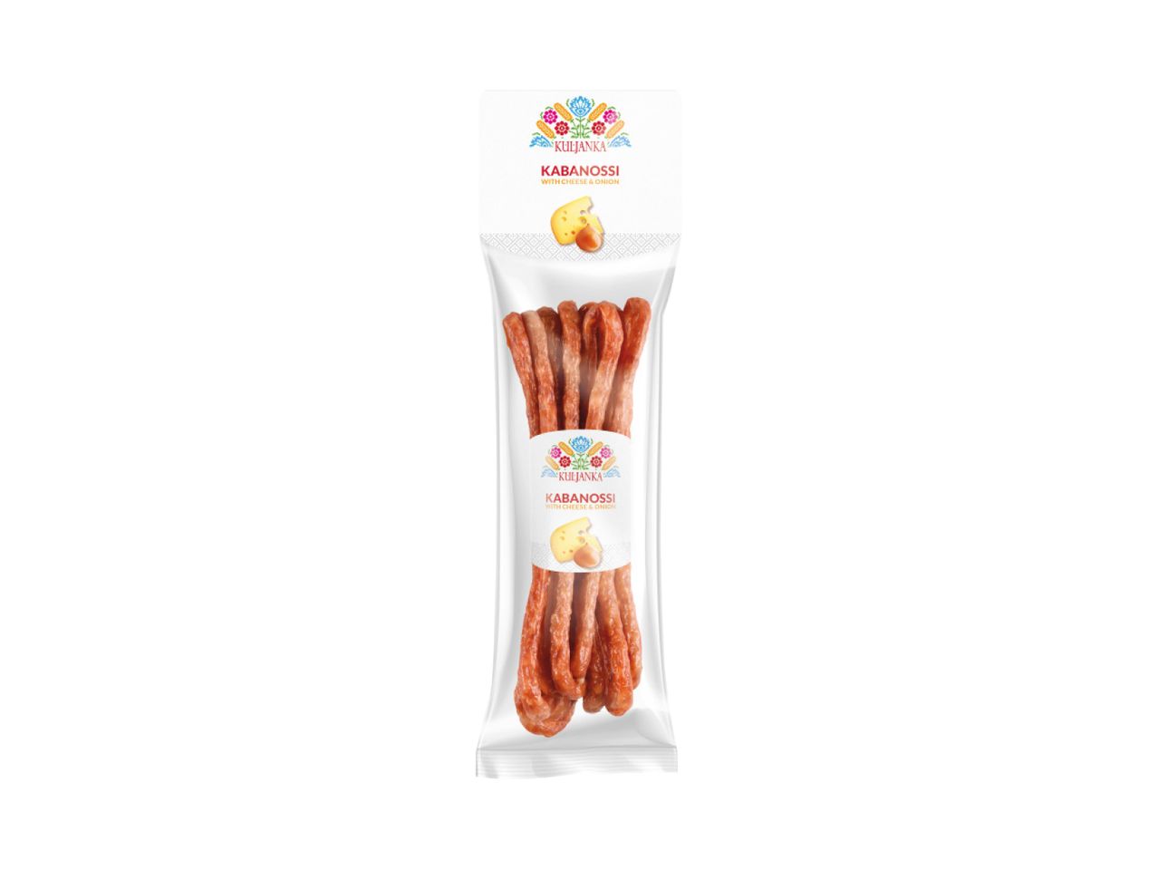KULJANKA Kabanoossi with cheese & onion snack in a transparent package.