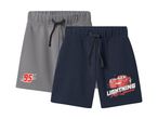 Two pairs of boys' shorts, one grey with '95' and one navy with a red race car and 'Lightning McQueen'.