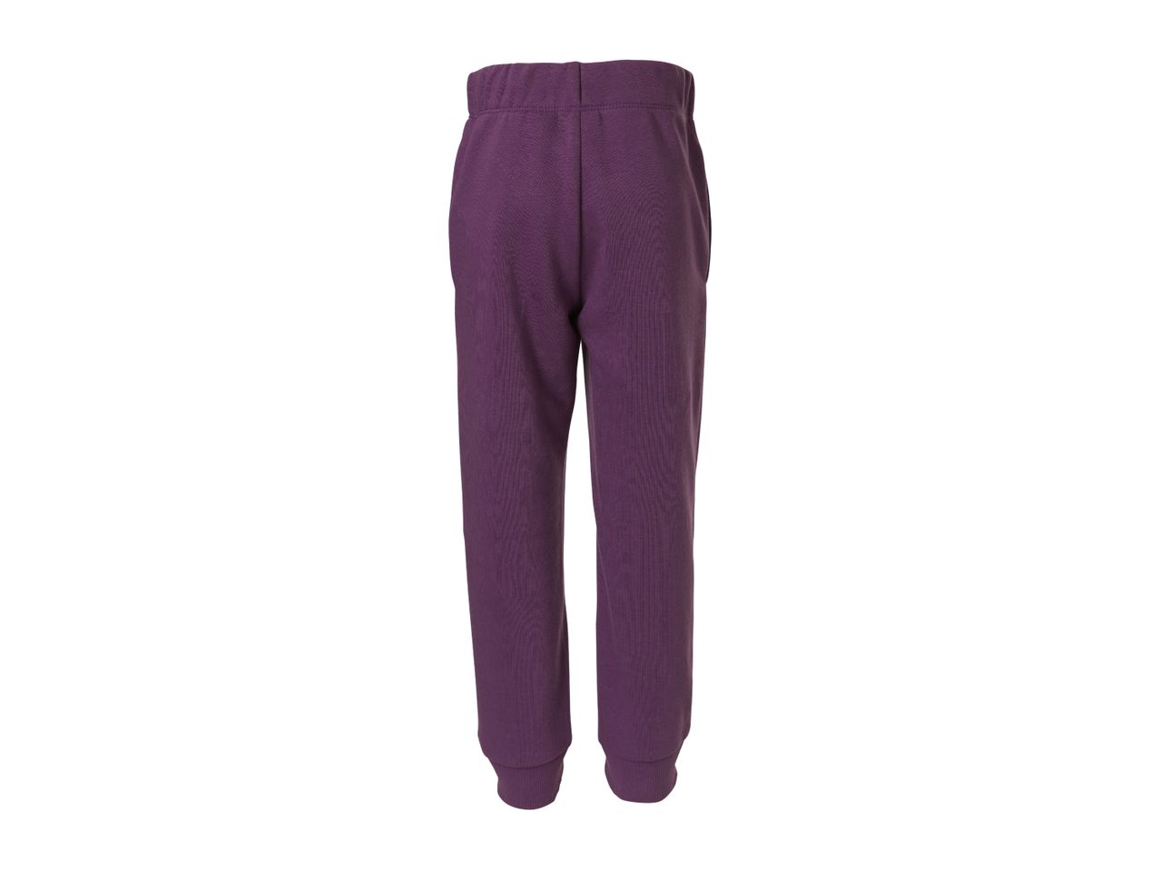 Back view of purple sweatpants with an elastic waistband and ribbed cuffs.