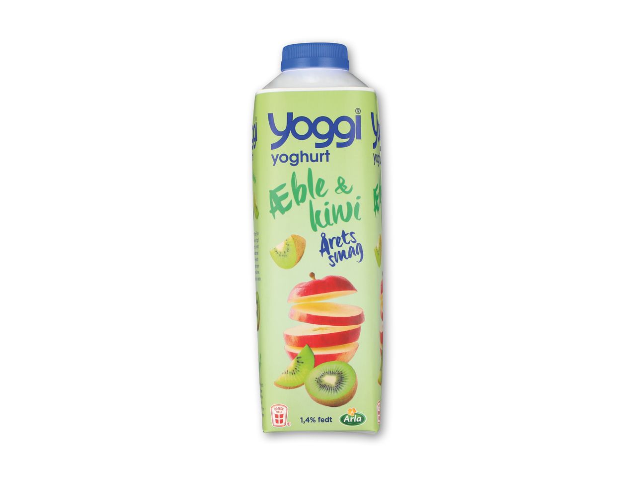 Yoghurt med æble- og kiwismag, 1,4% fedt, med billeder af æbler og kiwi.