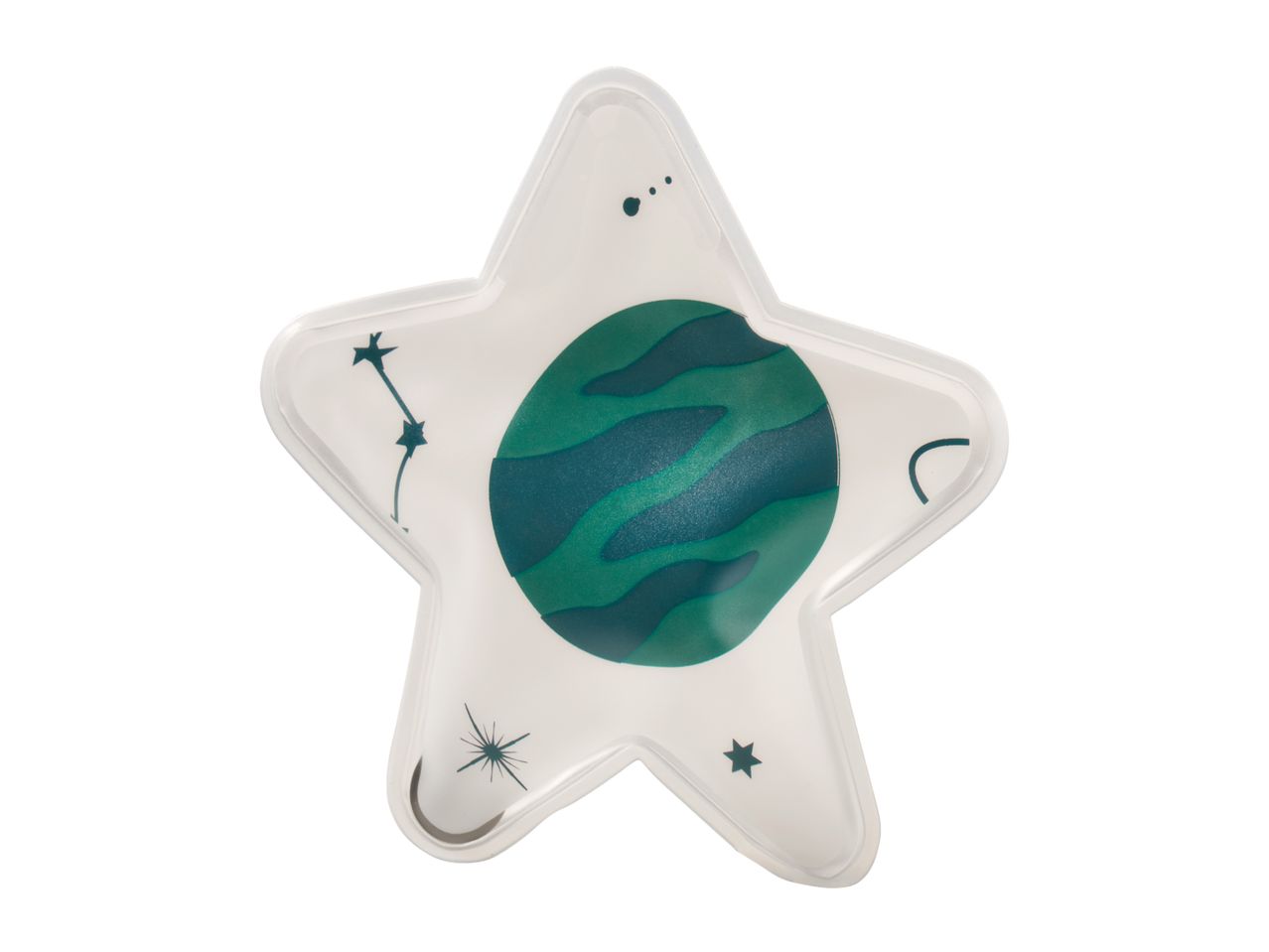 Star-shaped hot/cold pack with a green planet and constellation design.