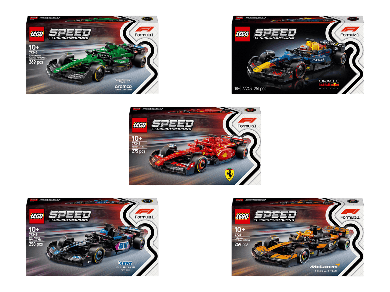 Viisi LEGO Speed Champions Formula 1 -rakennussarjaa, joissa on Aston Martin, Red Bull, Ferrari, Alpine ja McLaren.