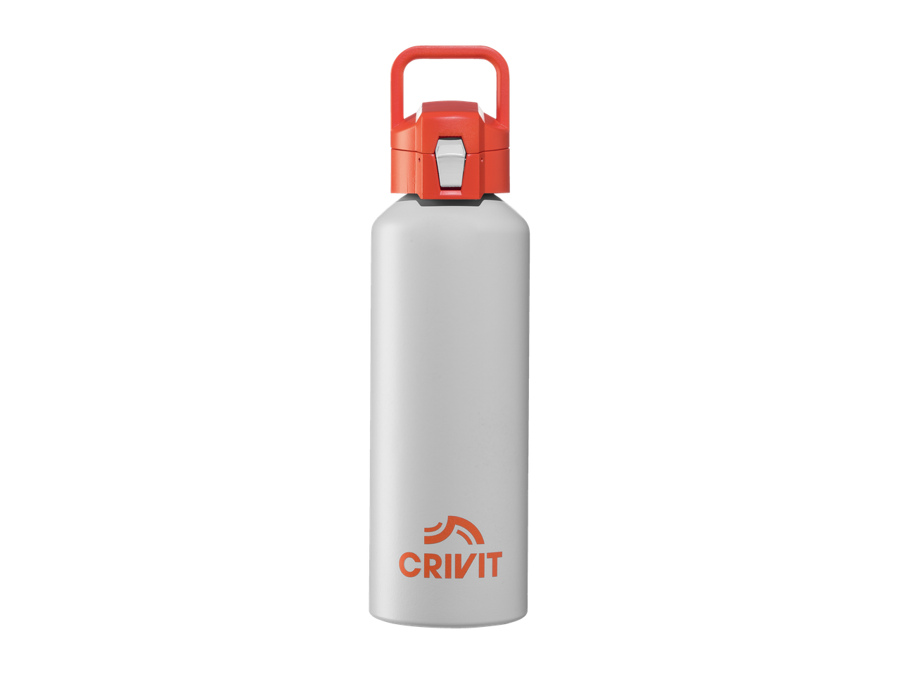 En Crivit vattenflaska i vitt med orange lock.