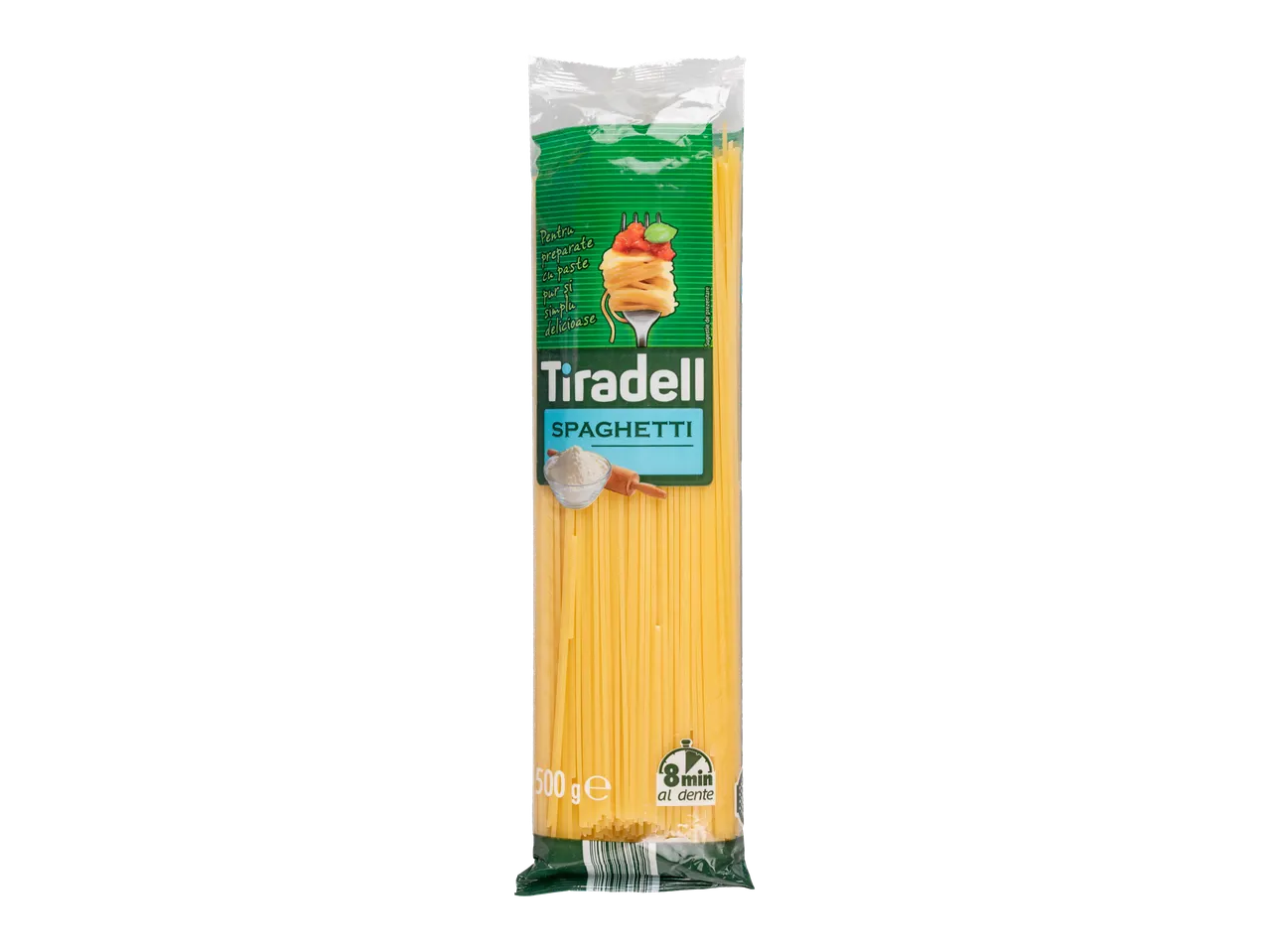 O pachet de spaghete Tiradell de 500g, cu timpul de preparare de 8 minute.