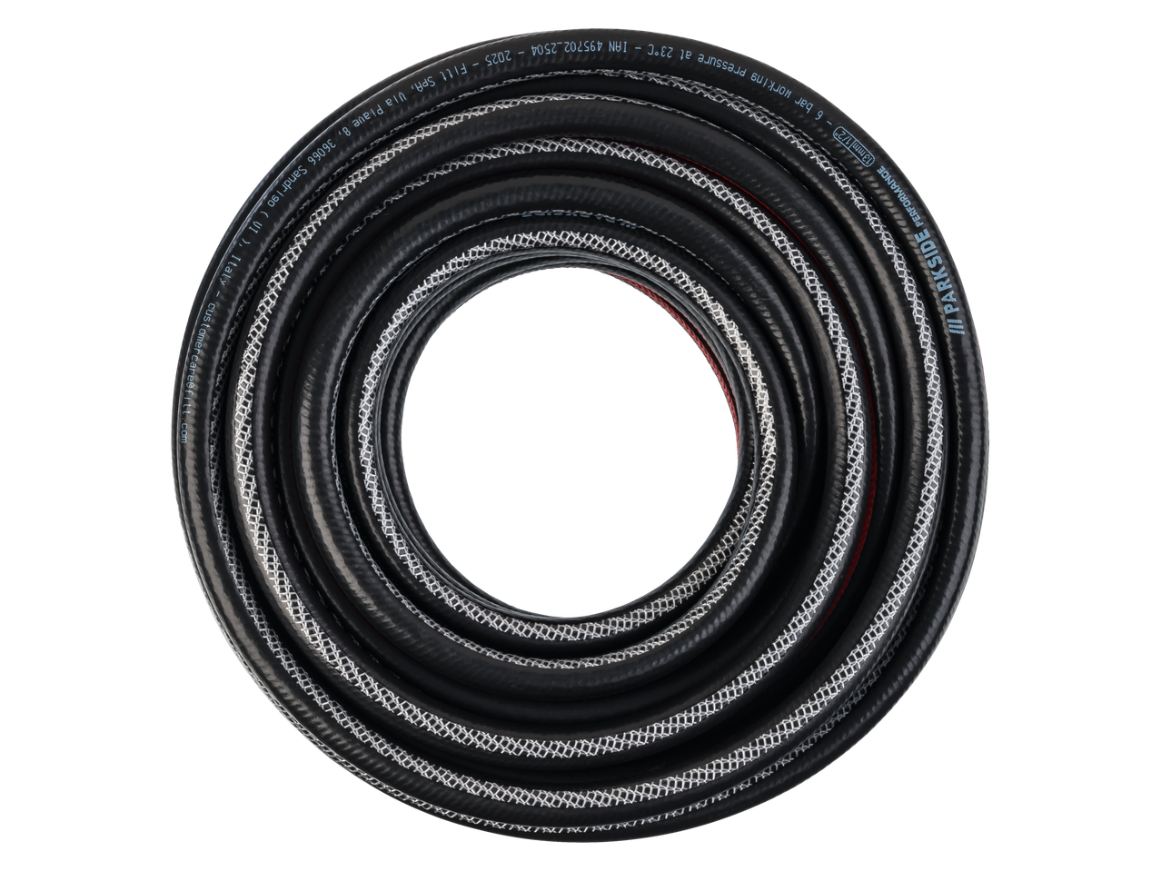 Parkside Performance dārza šļūtene, 20m, satīta, ar redzamām teksta detaļām.