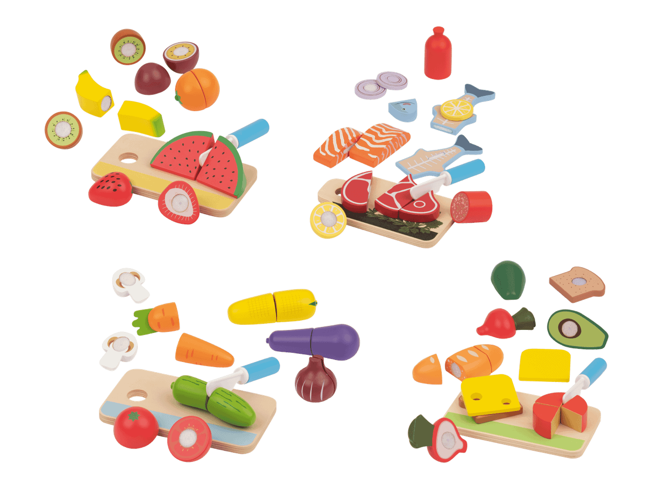 Puinen leikkiruokasarja, jossa on hedelmiä, lihaa, vihanneksia ja leipomotuotteita leikkuulaudoilla.
