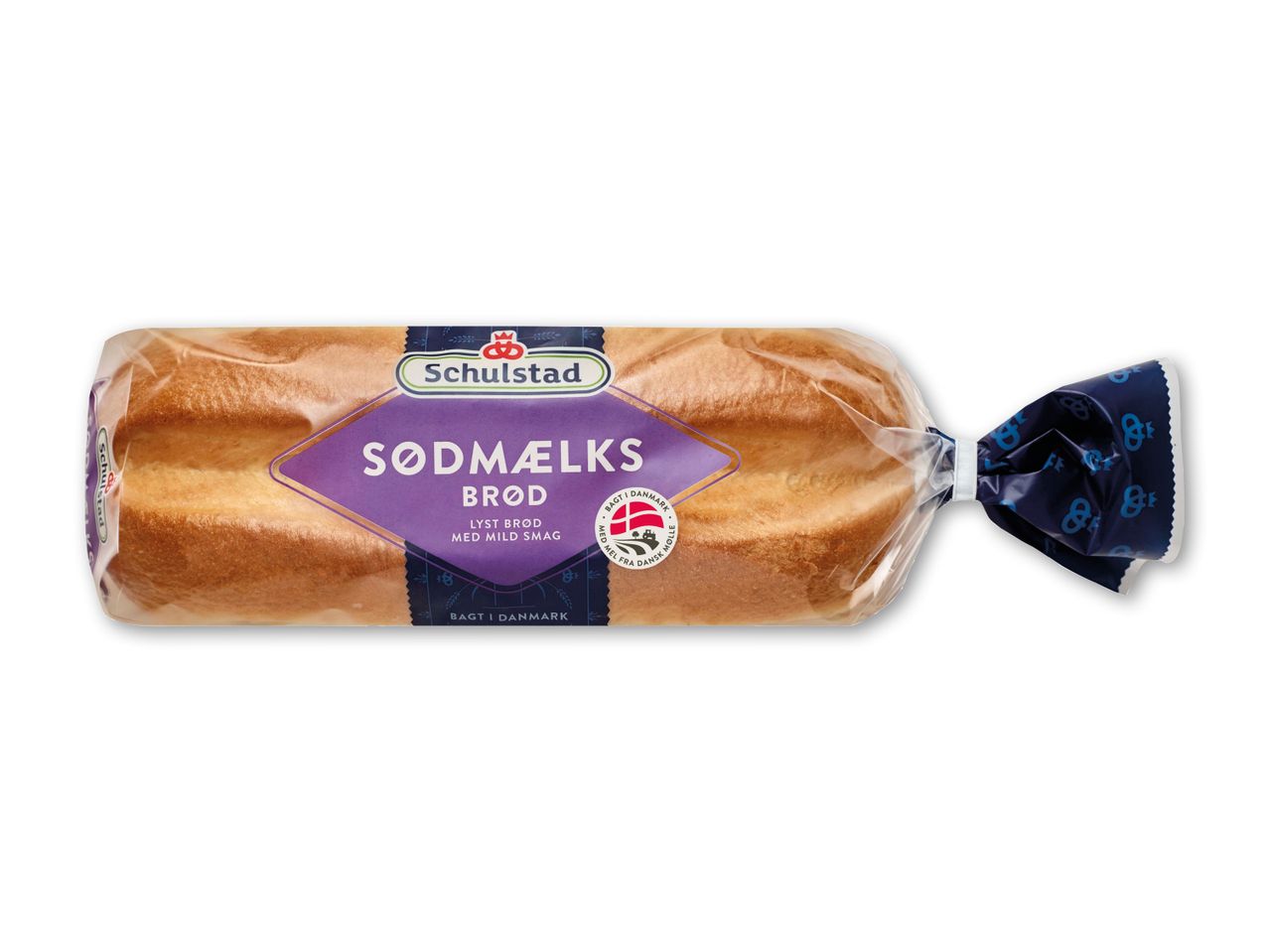 Sødmælksbrød i klar emballage med lilla etiket, der angiver, at det er bagt i Danmark.