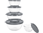 SILVERCREST® Glass Bowl Set with grey lids, stacked and one bowl with lid next to them