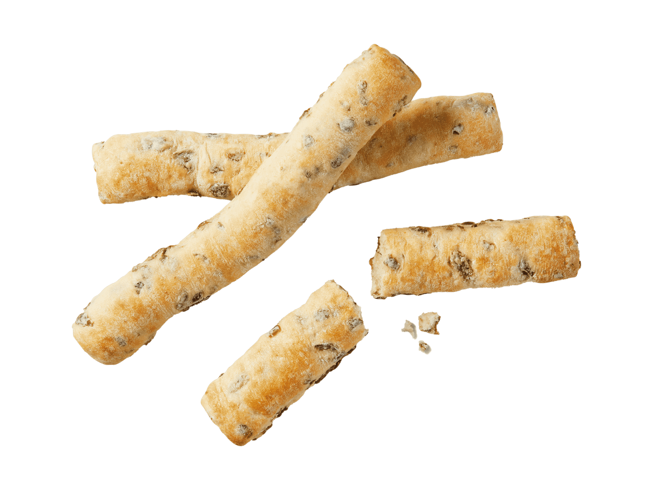 Grissini mit Oliven auf schwarzem Hintergrund.