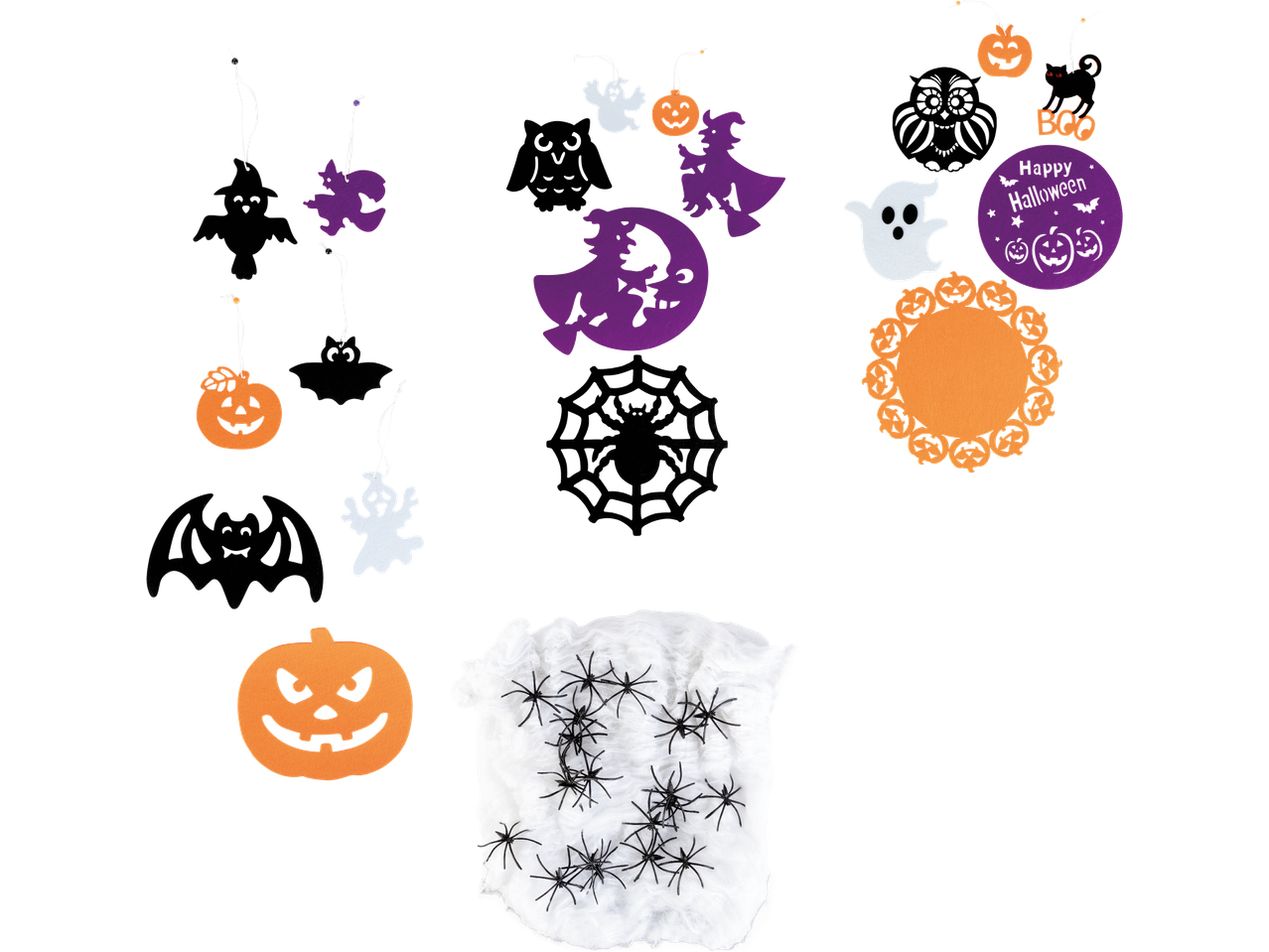 Halloween-dekorationer med spöken, pumpor, fladdermöss, spindlar och häxor.