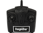 Black remote control with two joysticks and an antenna, featuring a white logo at the bottom.