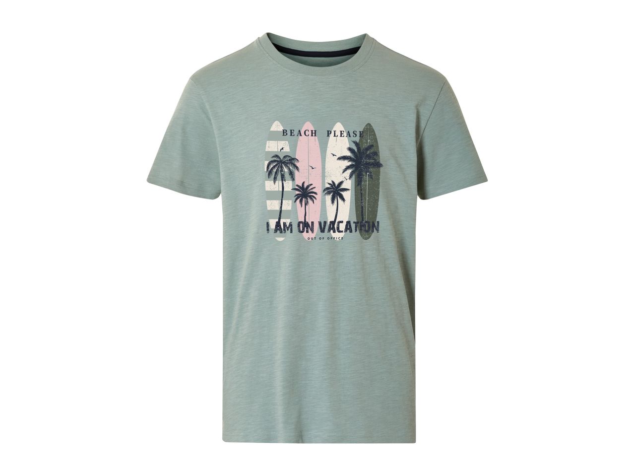 Sage green short-sleeved t-shirt featuring a surfboard graphic.
