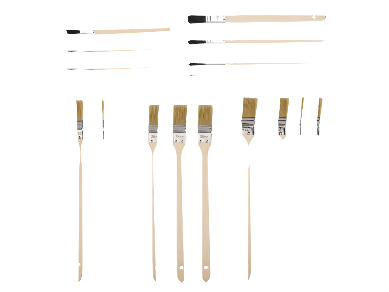 Un set de pensule de pictură de diferite dimensiuni.