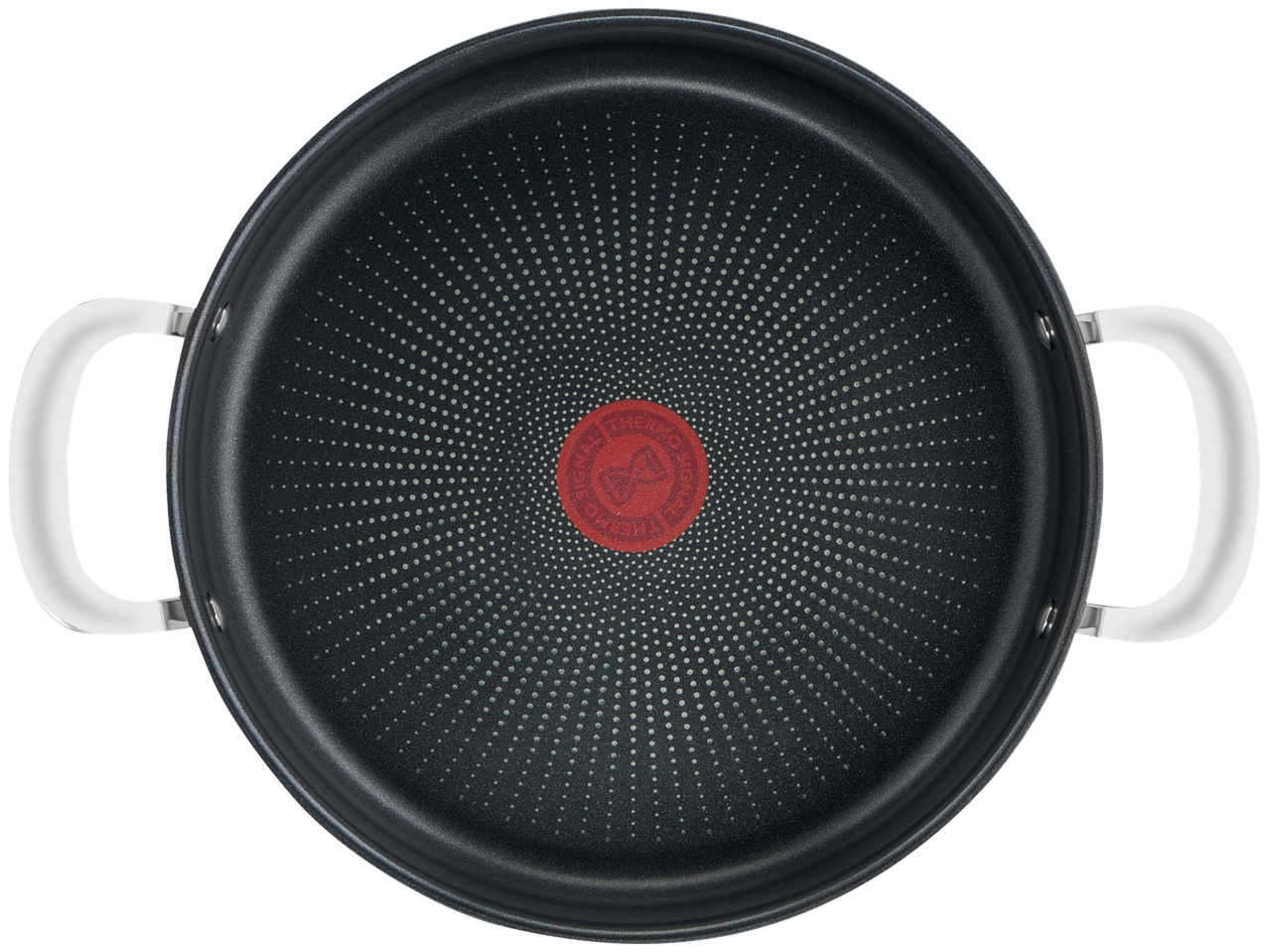 Tigaie Tefal Jamie Oliver cu două mânere albe și Thermo-Spot roșu în centru.